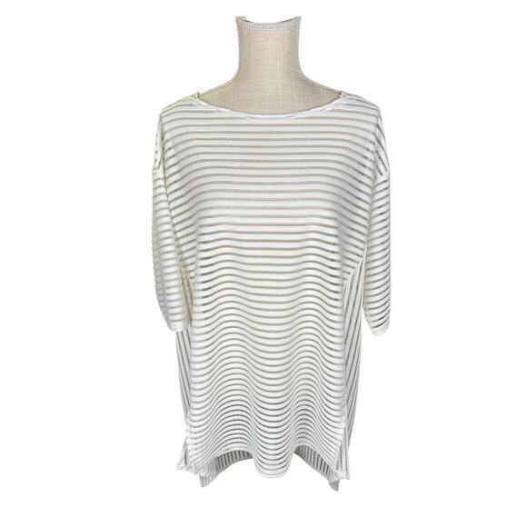 IC by Connie K Tunic Top Womens Large Shadow Striped White Lagenlook 3/4 Sleeves - Picture 1 of 7